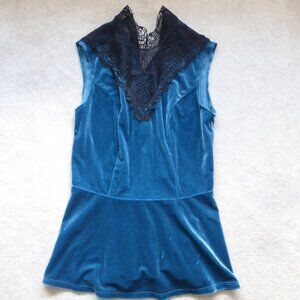 LE CHATEAU dark teal velvet peplum top with lace & mesh pattern accents
